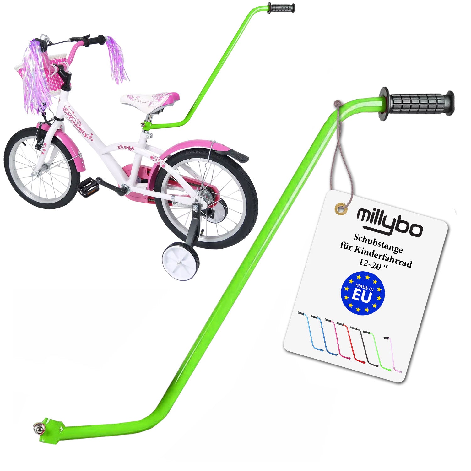 MILLYBO Universelle Schubstange für Kinderfahrrad 12–20" – Mehr Kontrolle & Sicherheit für Eltern: Grün