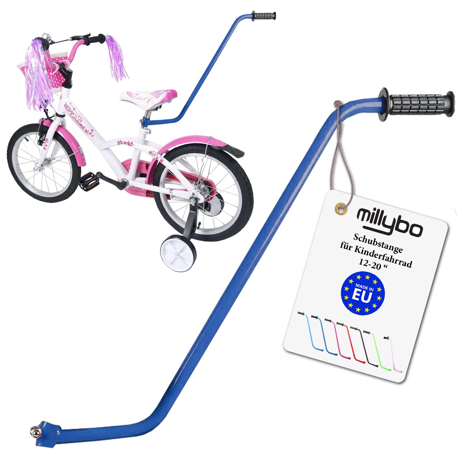 MILLYBO Universelle Schubstange für Kinderfahrrad 12–20" – Mehr Kontrolle & Sicherheit für Eltern: Blau