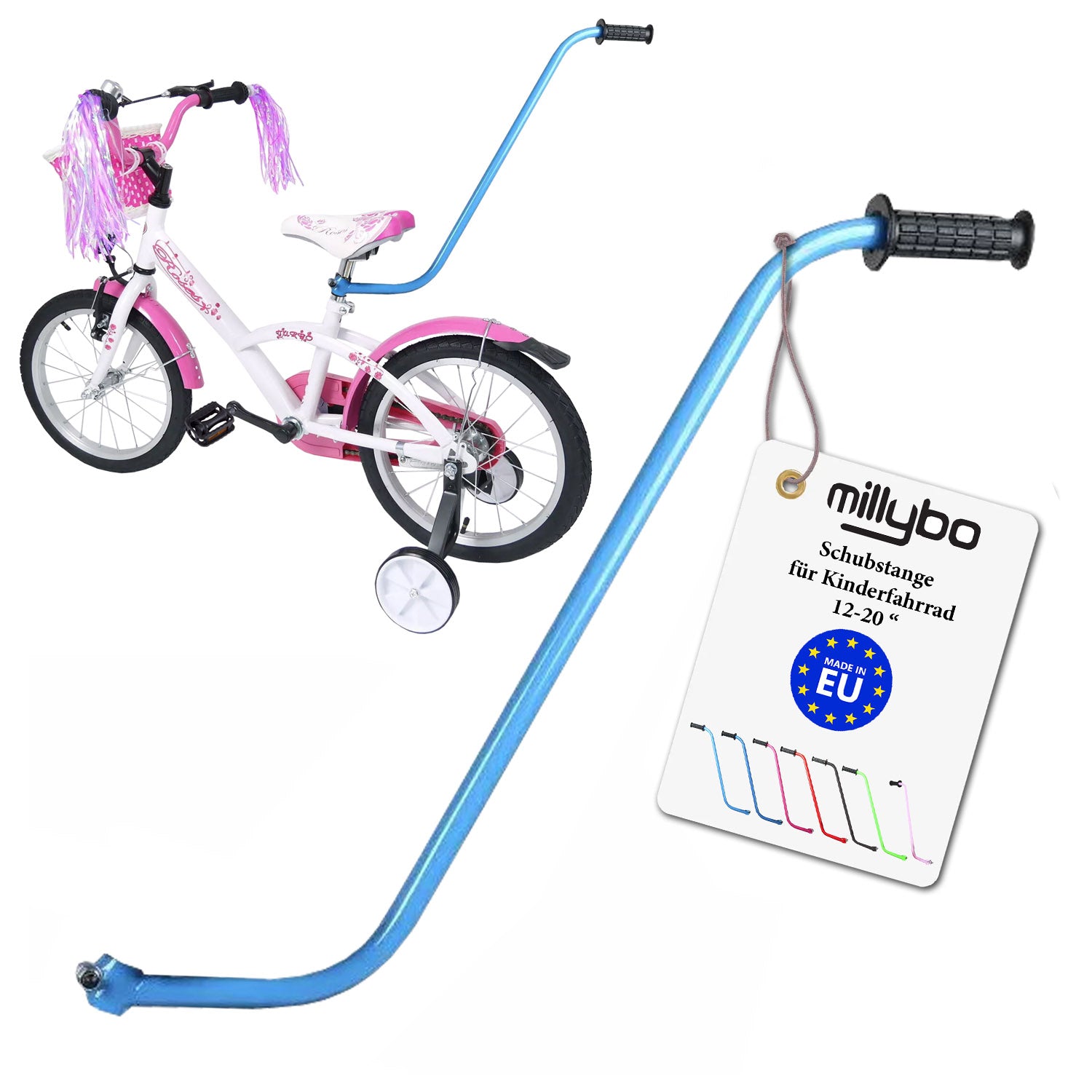 MILLYBO Universelle Schubstange für Kinderfahrrad 12–20" – Mehr Kontrolle & Sicherheit für Eltern: Hellblau