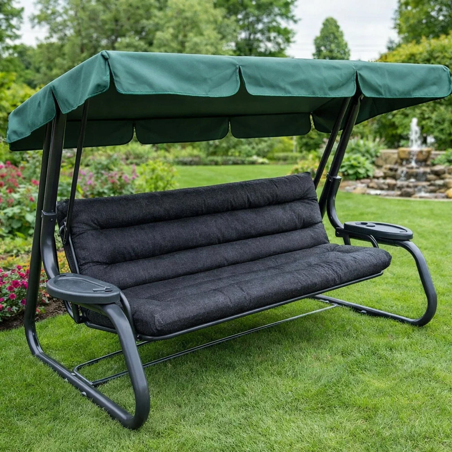 MILLYBO Hollywoodschaukel Sitzkissen 120–180 cm Auflage – Gartenschaukel Polster ANIA Ökoleinstoff - Schwarz
