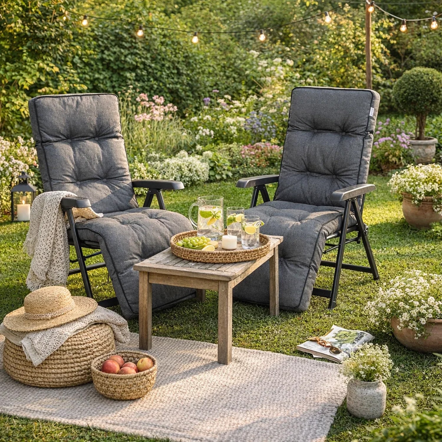 MILLYBO Gartenstuhlauflage Sitzkissen für Liegestühle mit Fußstütze ILONA - Graphit