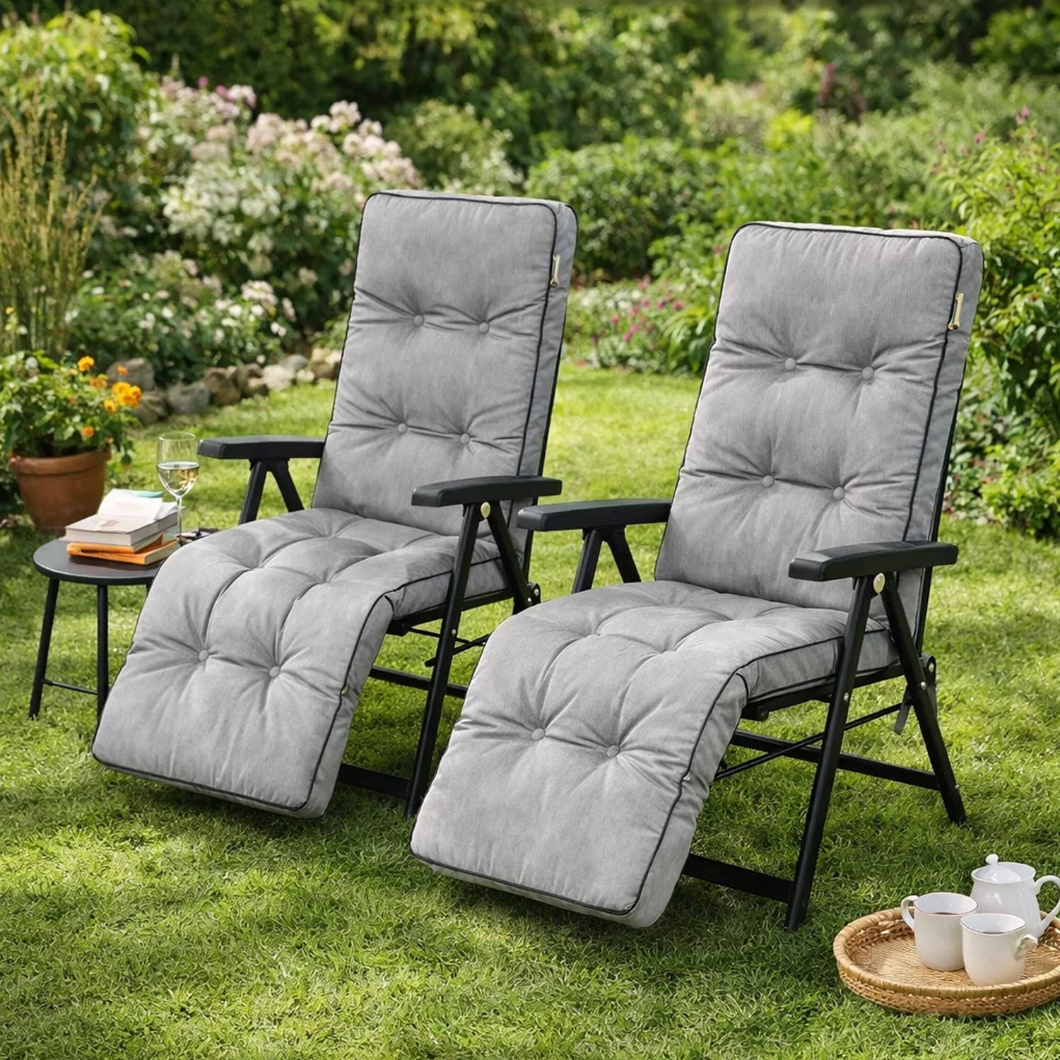 MILLYBO Gartenstuhlauflage Sitzkissen für Liegestühle mit Fußstütze ILONA - Hellgrau