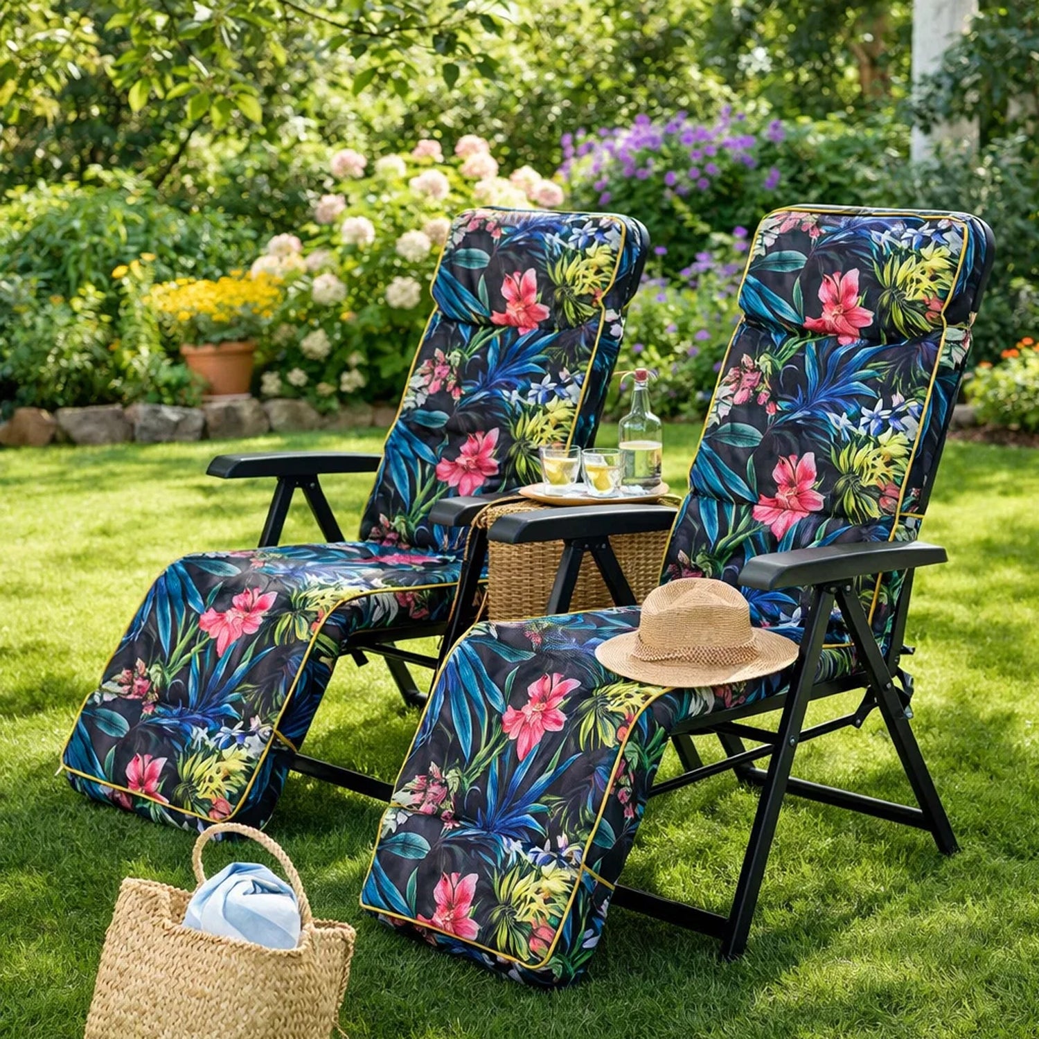 MILLYBO Gartenstuhlauflage Sitzkissen für Liegestühle mit Fußstütze ILONA - Bunte Blätter