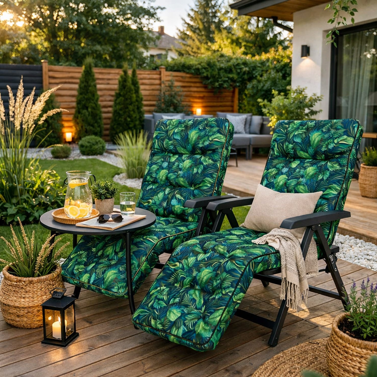 MILLYBO Gartenstuhlauflage Sitzkissen für Liegestühle mit Fußstütze ILONA - Blaues Blätter