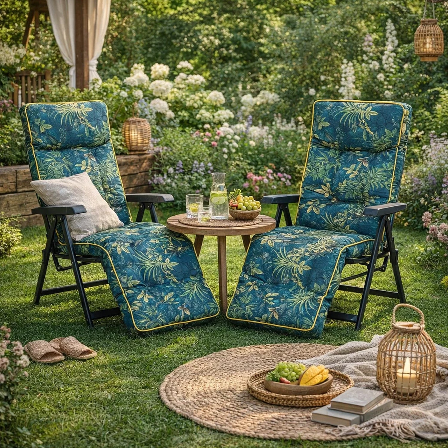 MILLYBO Gartenstuhlauflage Sitzkissen für Liegestühle mit Fußstütze ILONA - Grüne Wiese