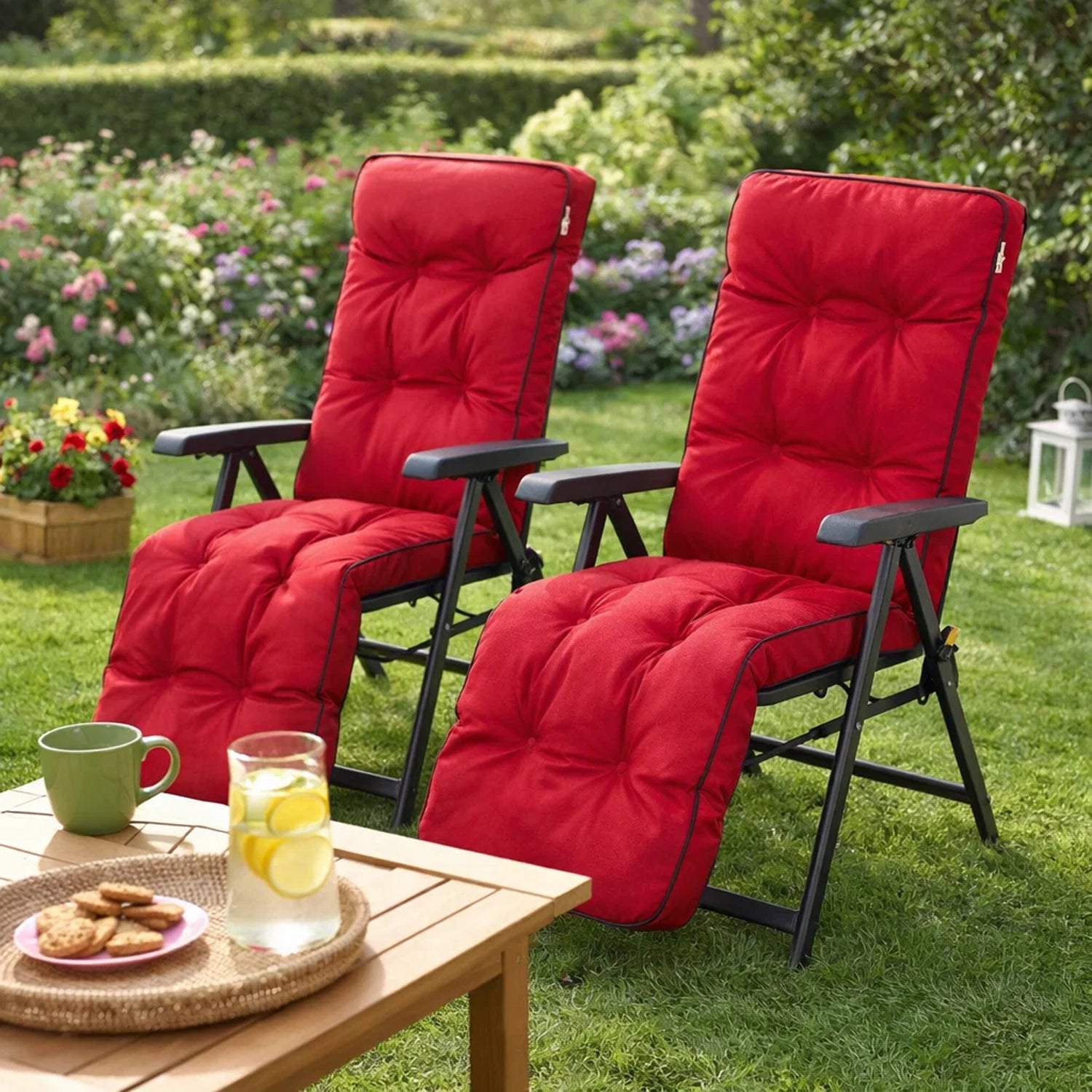 MILLYBO Gartenstuhlauflage Sitzkissen für Liegestühle mit Fußstütze ILONA - Rot