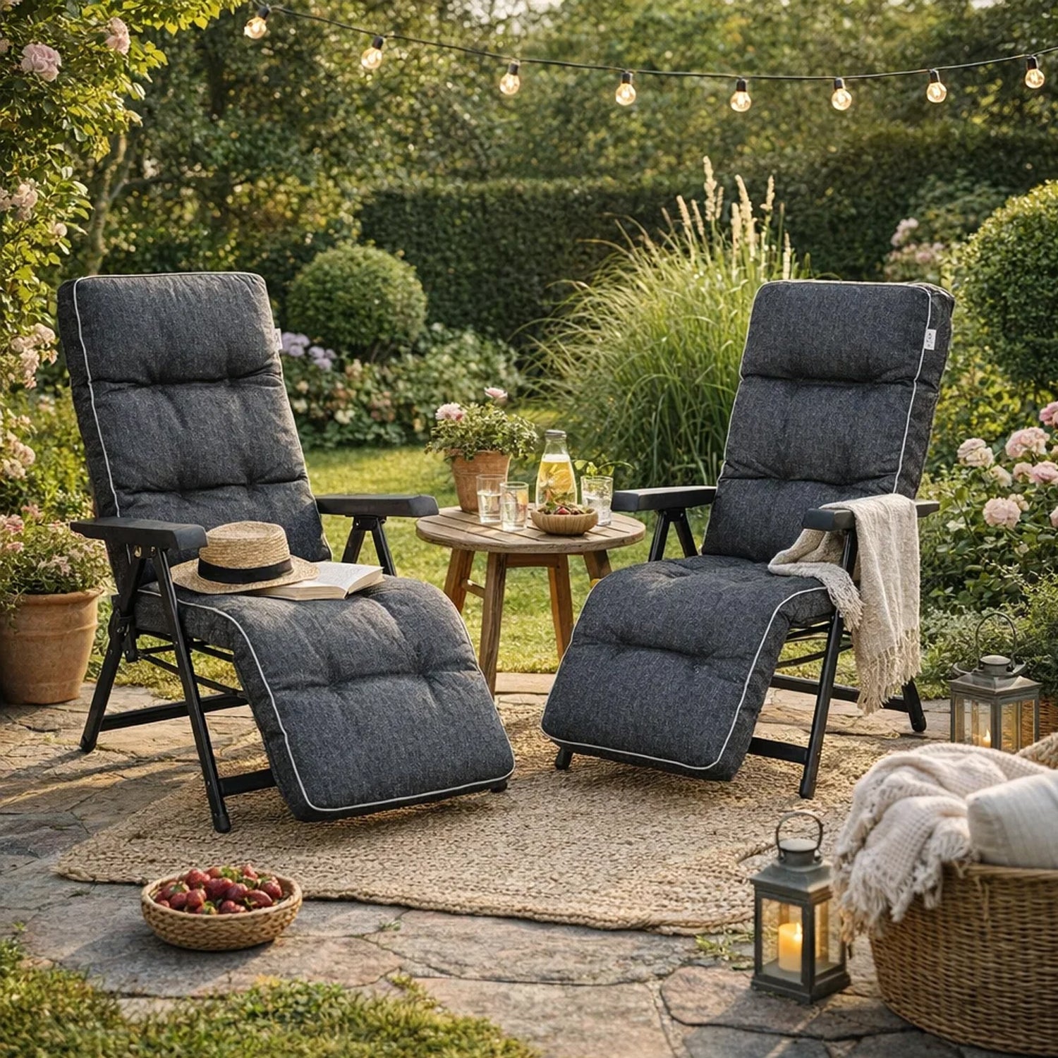 MILLYBO Gartenstuhlauflage Sitzkissen für Liegestühle mit Fußstütze ILONA - Schwarz