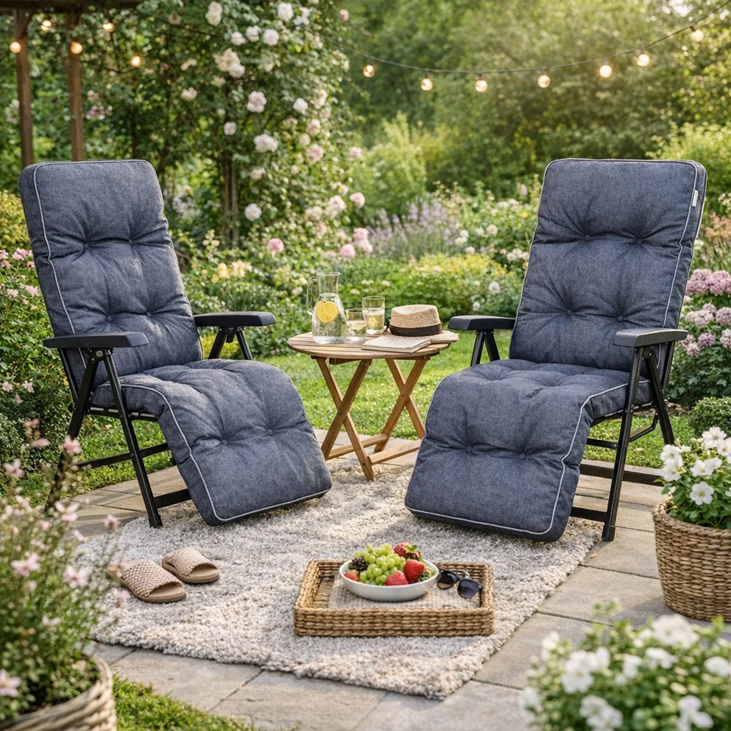 MILLYBO Gartenstuhlauflage Sitzkissen für Liegestühle mit Fußstütze ILONA - Dunkelblau