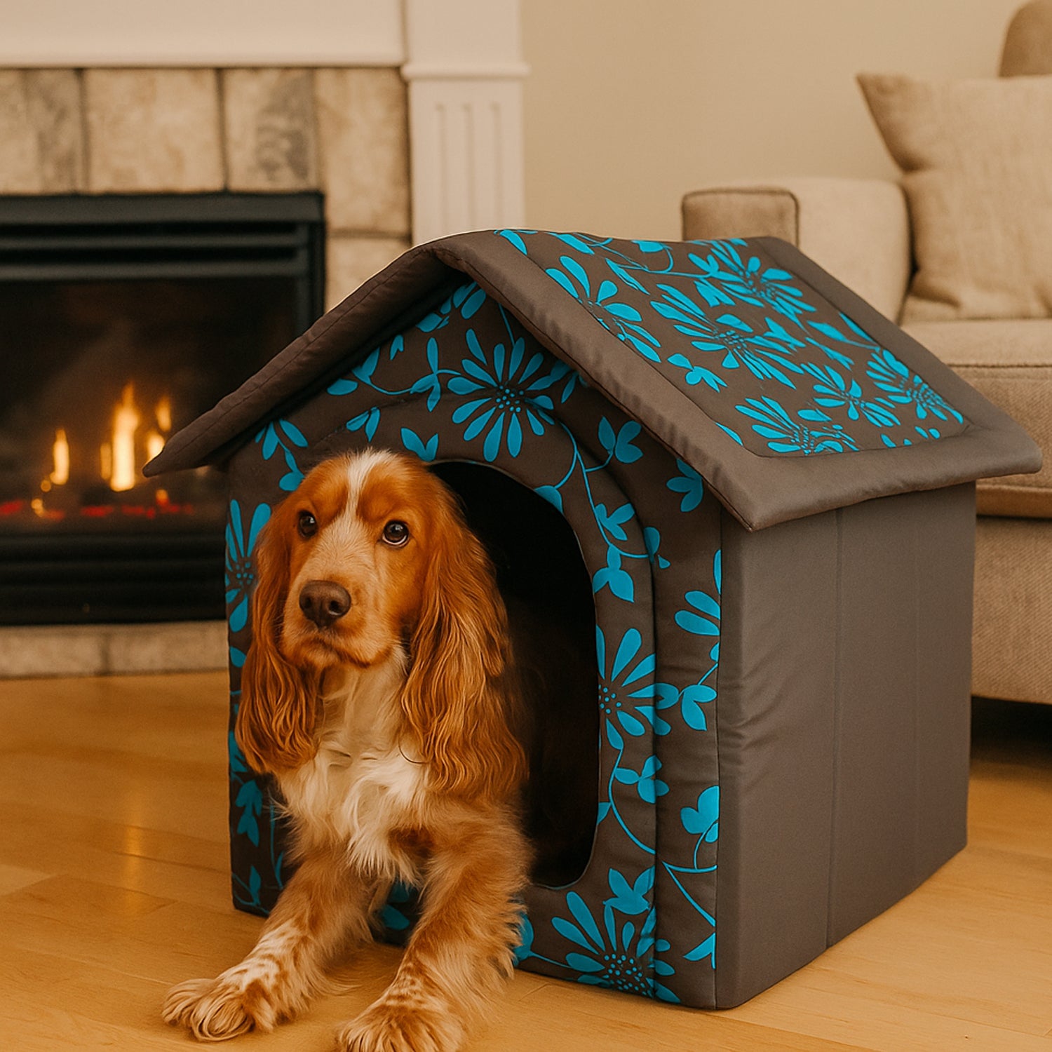 MILLYBO Textiles Hundehaus – Weiche Hundehöhle für maximalen Komfort  - blauen Blumen