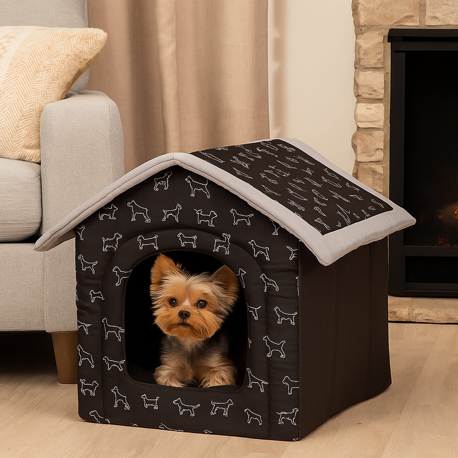 MILLYBO Textiles Hundehaus – Weiche Hundehöhle für maximalen Komfort - Schwarz mit Hundemuster