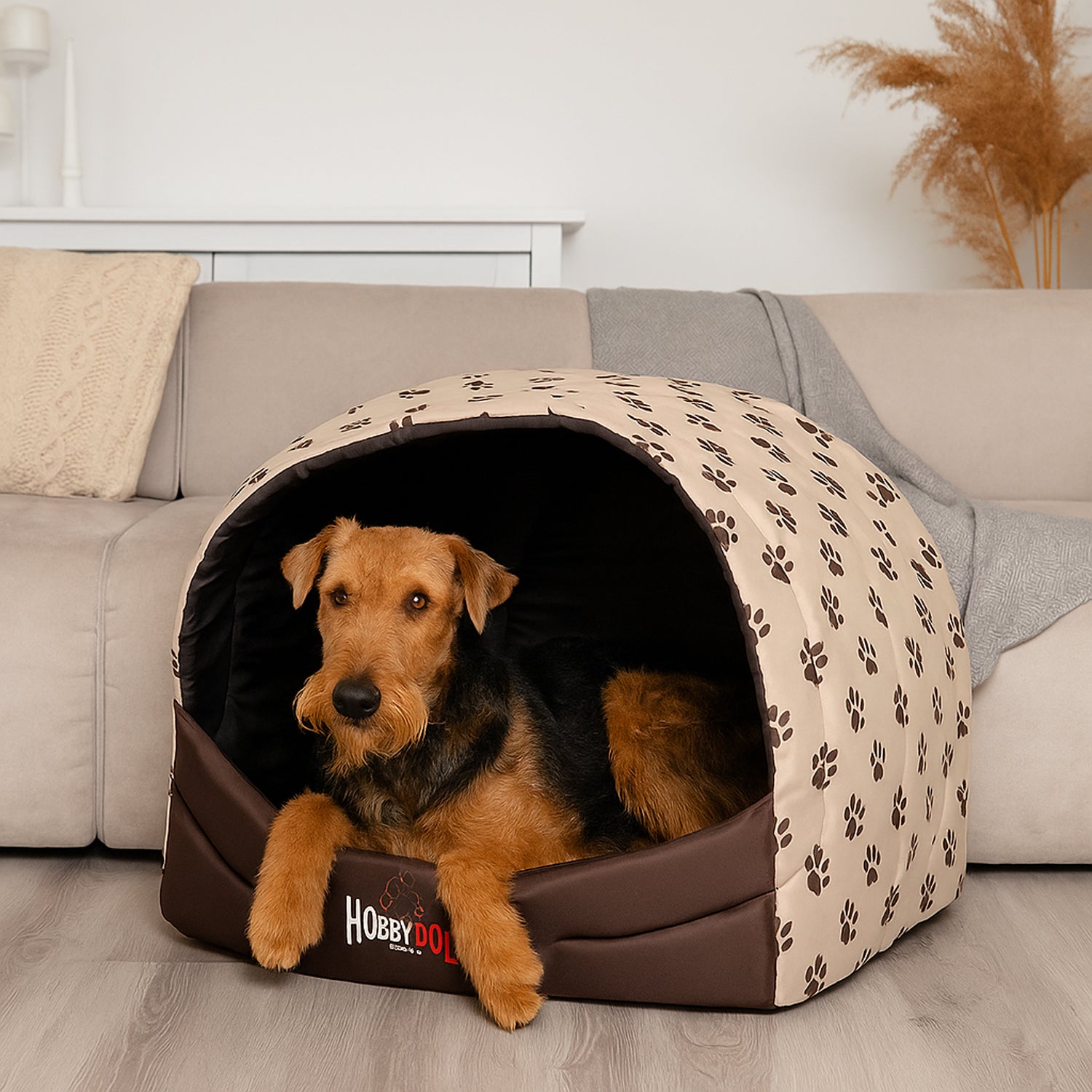 MILLYBO Hundehöhle aus Stoff – Weiches Hundebett & Gemütliches Hundehaus: Beige mit Muster