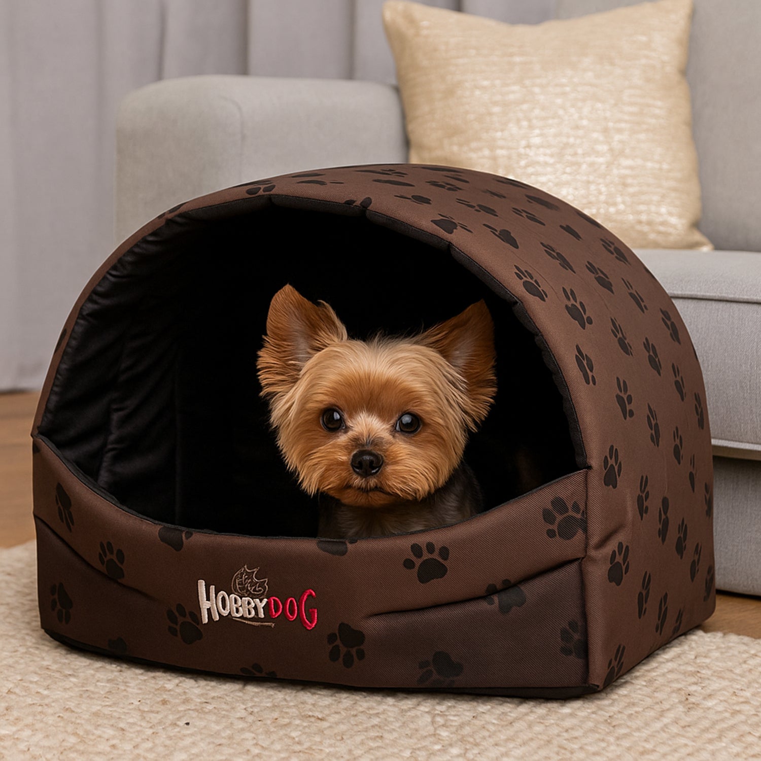 MILLYBO Hundehöhle aus Stoff – Weiches Hundebett & Gemütliches Hundehaus: Braun mit Muster