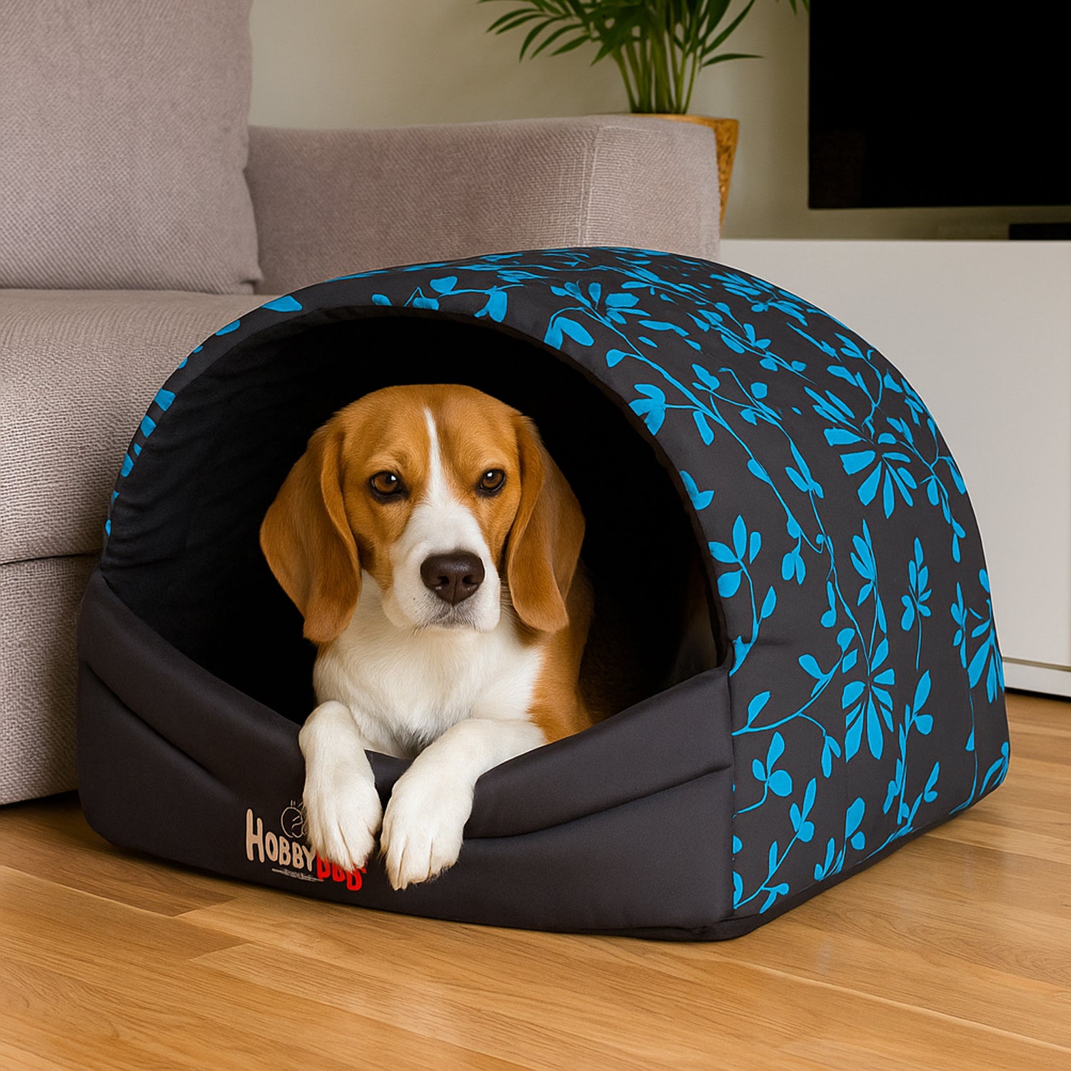 MILLYBO Hundehöhle aus Stoff – Weiches Hundebett & Gemütliches Hundehaus: Grau mit Blumen