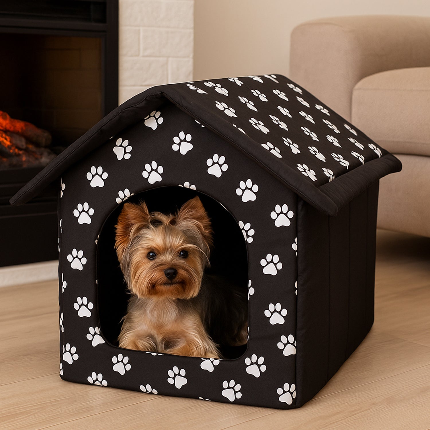 MILLYBO Textiles Hundehaus – Weiche Hundehöhle für maximalen Komfort - Schwarz mit Muster