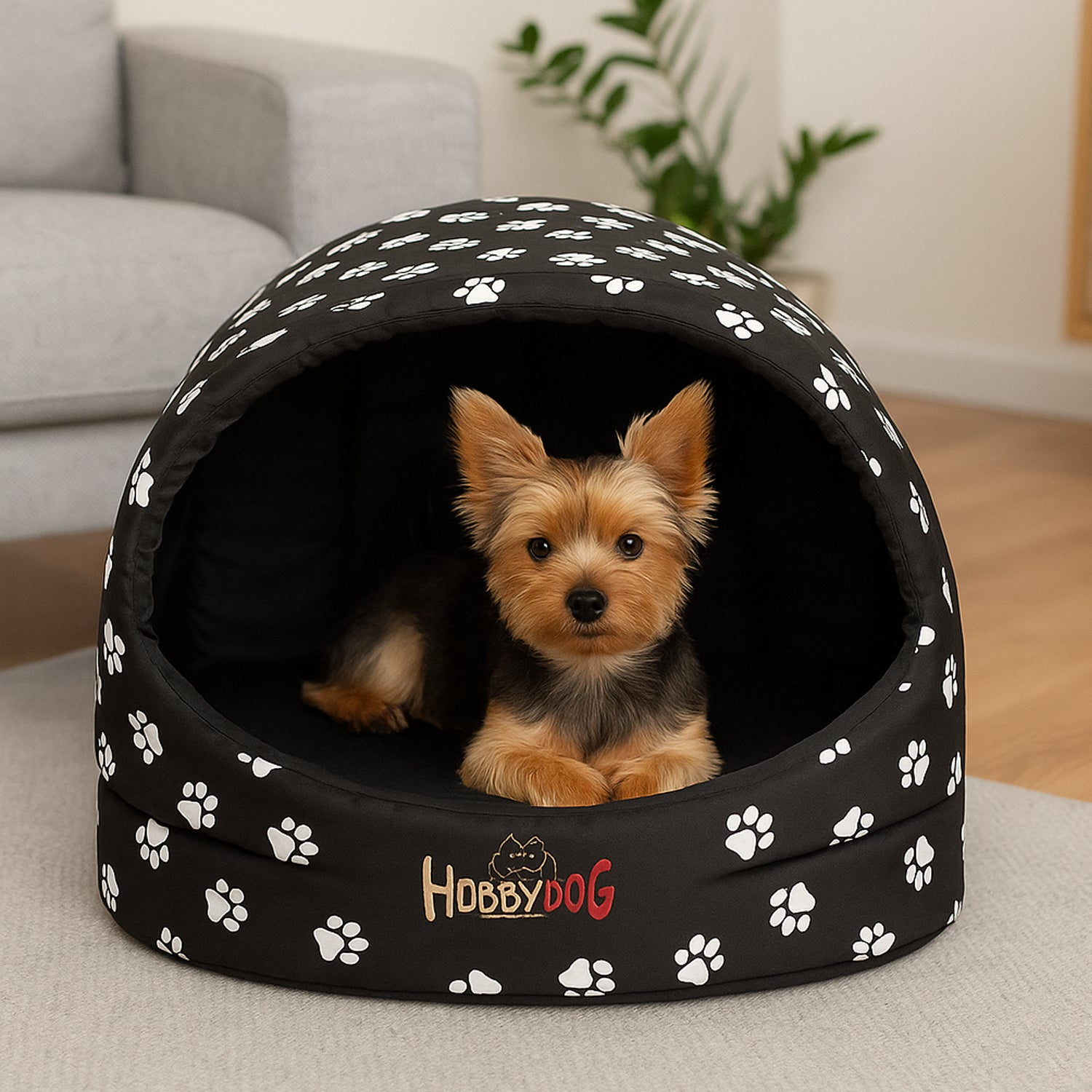 MILLYBO Hundehöhle aus Stoff – Weiches Hundebett & Gemütliches Hundehaus: Schwarz mit Muster