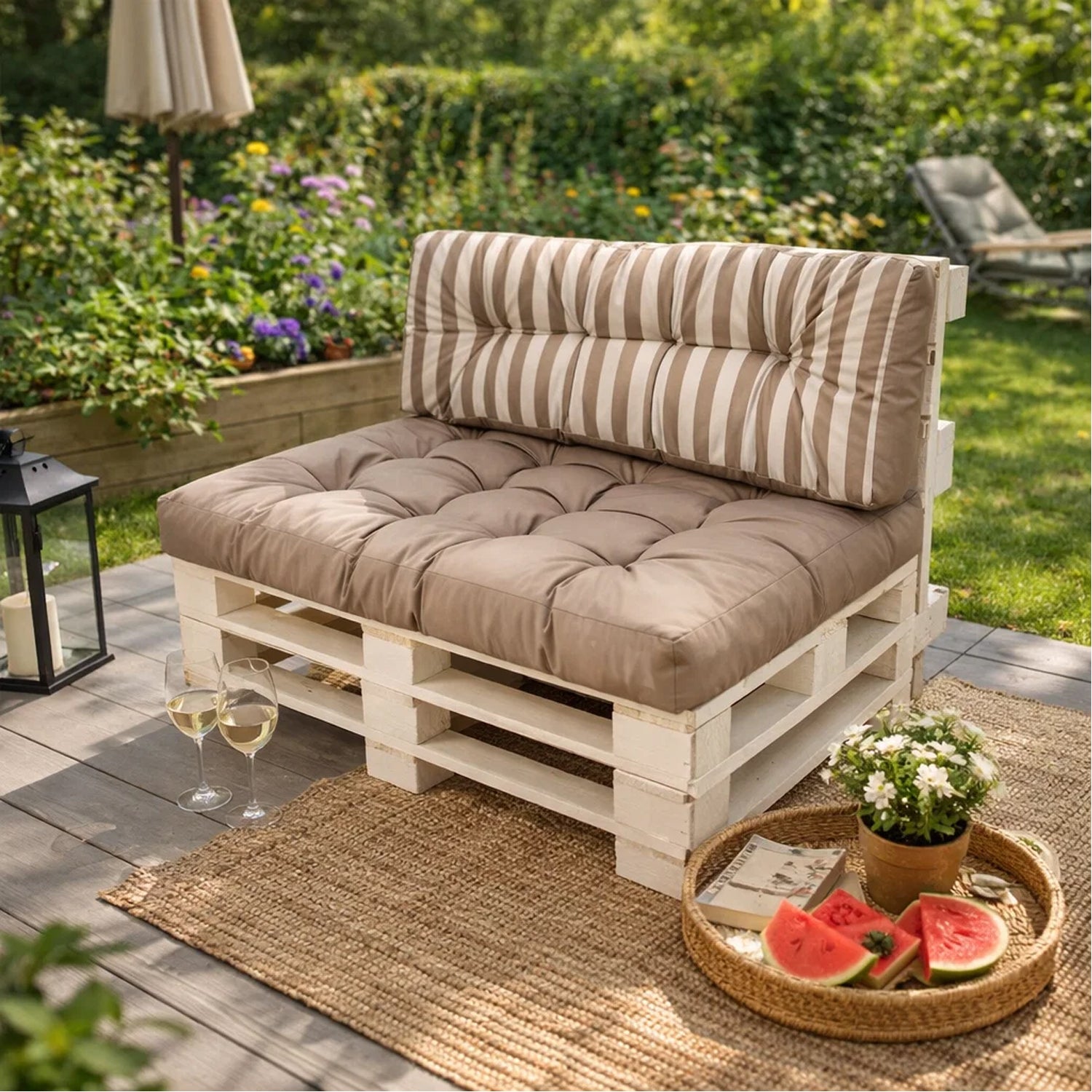 MILLYBO Palettenkissen Rückenlehne 120x40 cm LEO – Outdoor Gartenkissen - Beige/Streifen