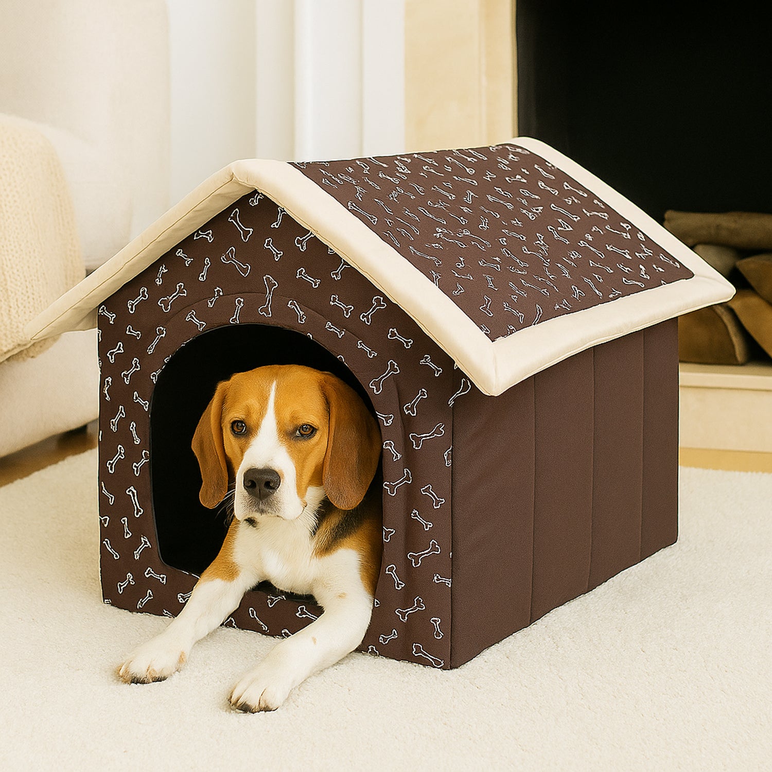 MILLYBO Textiles Hundehaus – Weiche Hundehöhle für maximalen Komfort - Braun mit Knochenmuster