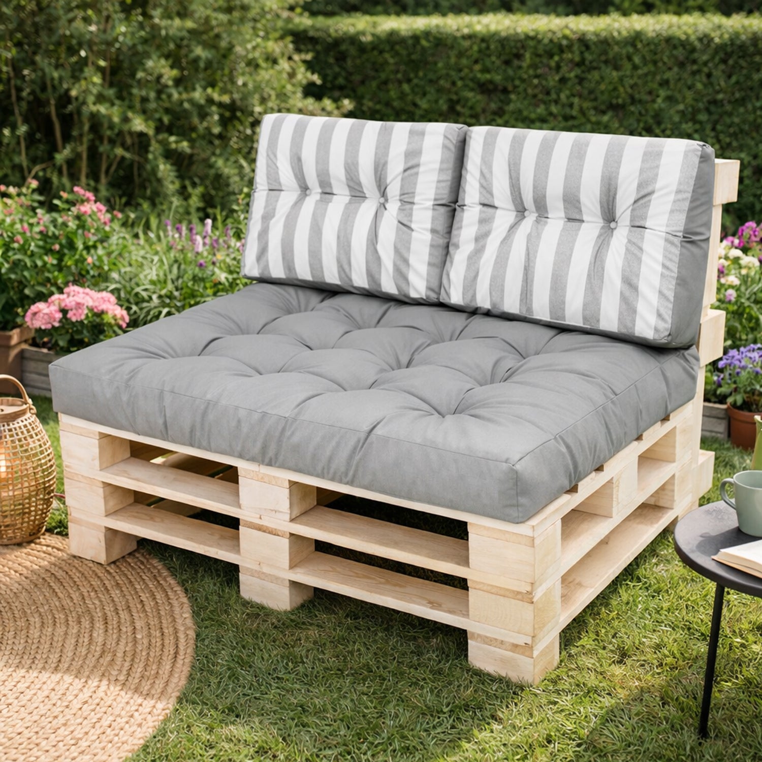 MILLYBO Palettenkissen Rückenlehne 60x40 cm LEO – Outdoor Gartenkissen - Hellgrau/weiße Streifen