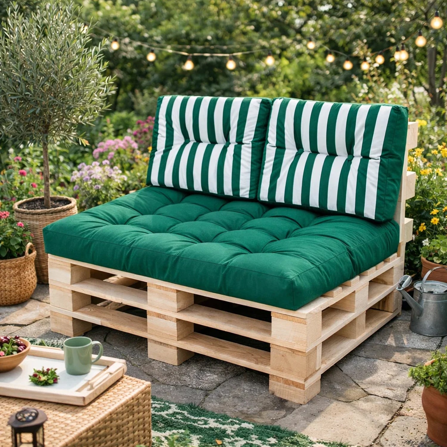 MILLYBO Palettenkissen LEO Set 1+2 Grün/Streifen – Komfort & Stil für deinen Garten