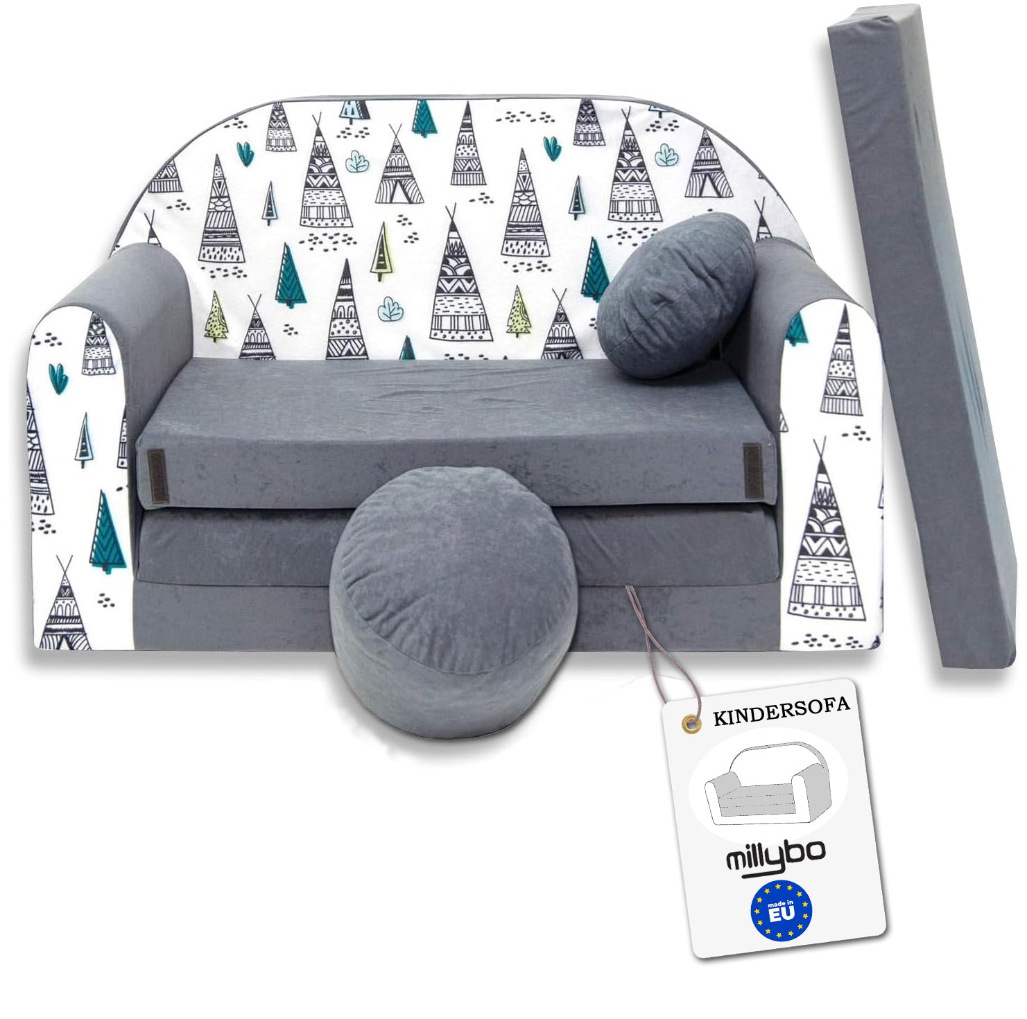 MILLYBO Kindersofa 3in1 – Spielsofa & Schlafsofa für Kinder Grau - AJ3