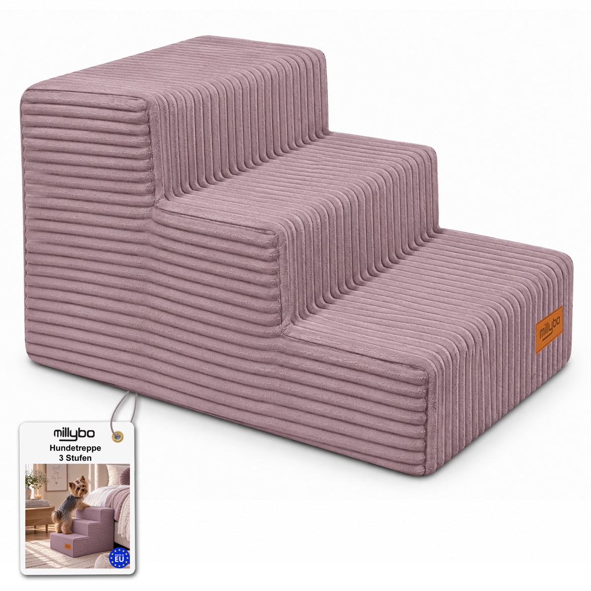 MILLYBO Hundetreppe aus Cord – Haustiertreppe für Hunde & Katzen, 3-stufig, abnehmbarer Bezug: Lila