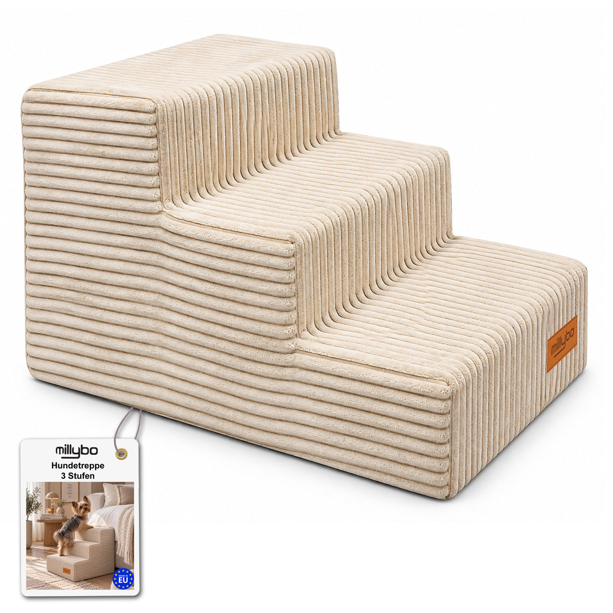 MILLYBO Hundetreppe aus Cord – Haustiertreppe für Hunde & Katzen, 3-stufig, abnehmbarer Bezug: Beige