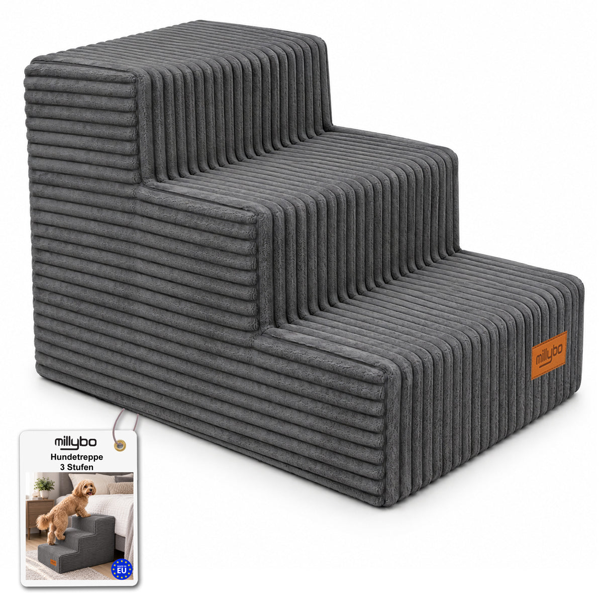 MILLYBO Hundetreppe aus Cord – Haustiertreppe für Hunde & Katzen, 3-stufig, abnehmbarer Bezug: Grau