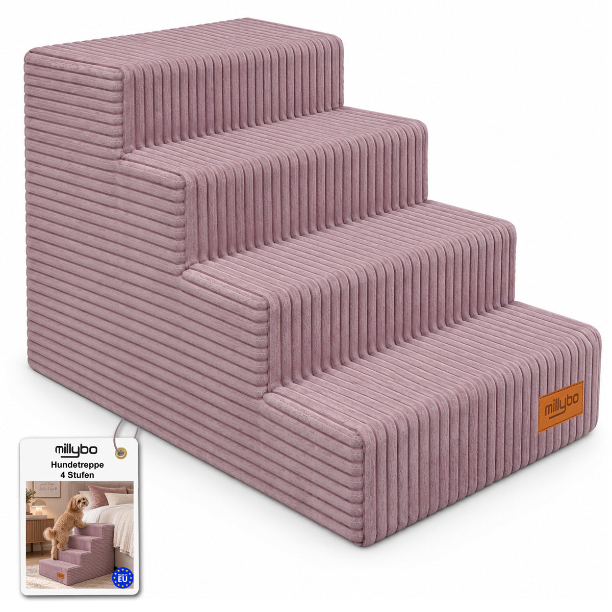 MILLYBO Hundetreppe aus Cord – Haustiertreppe für Hunde & Katzen, 4-stufig, abnehmbarer Bezug: Lila