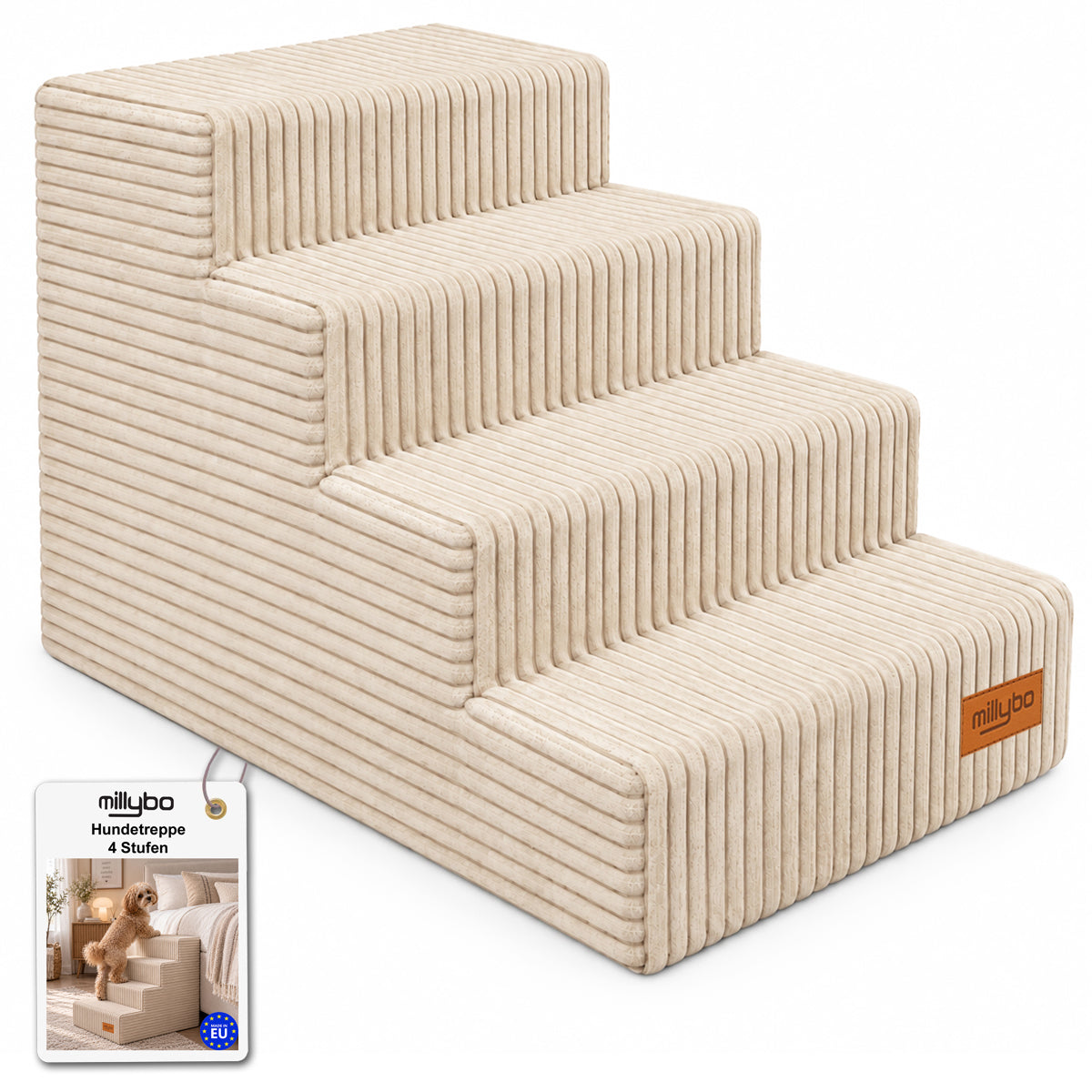 MILLYBO Hundetreppe aus Cord – Haustiertreppe für Hunde & Katzen, 4-stufig, abnehmbarer Bezug: Beige