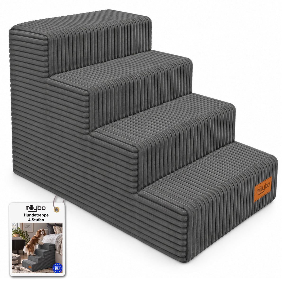 MILLYBO Hundetreppe aus Cord – Haustiertreppe für Hunde & Katzen, 4-stufig, abnehmbarer Bezug: Grau