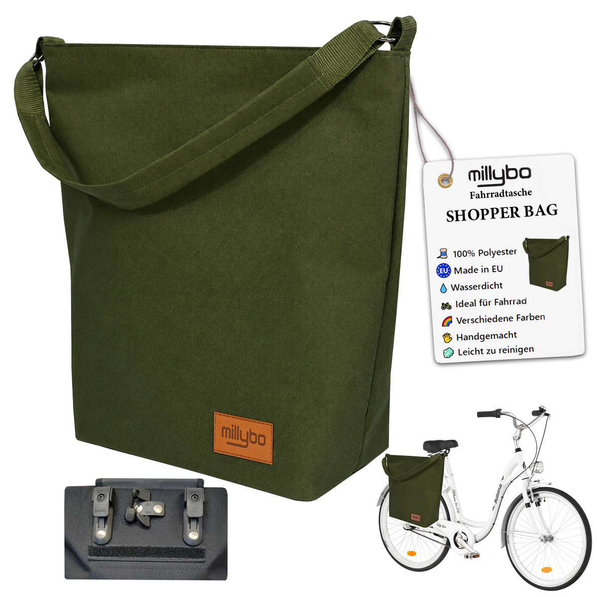 MILLYBO SHOPPER BAG Stylische Fahrradtasche für Gepäckträger 18L - Olivegrün