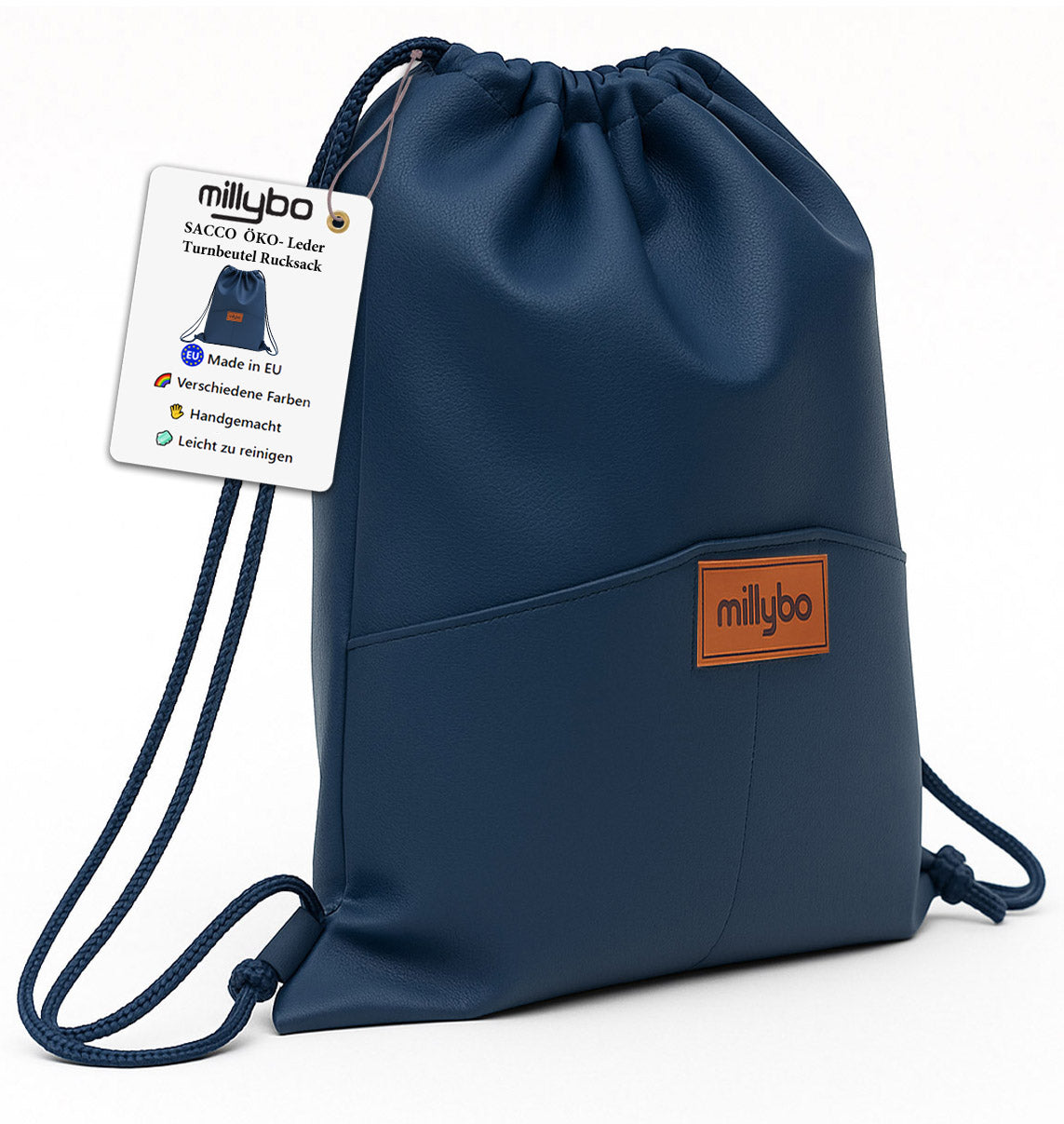 MILLYBO SACCO ECO Turnbeutel aus Kunstleder – Eleganter Beutelrucksack Navy