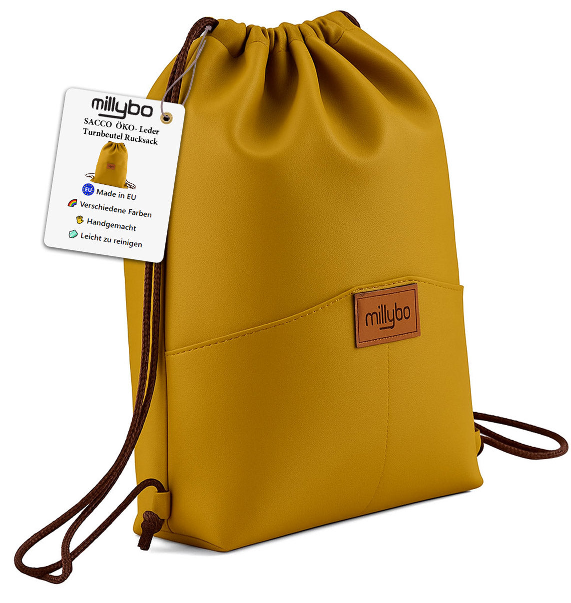 MILLYBO SACCO ECO Turnbeutel aus Kunstleder – Eleganter Beutelrucksack Mustard