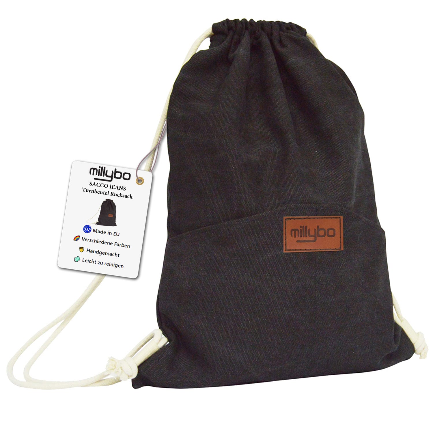 MILLYBO SACCO JEANS Turnbeutel Denim-Look – Beutelrucksack Schwarz