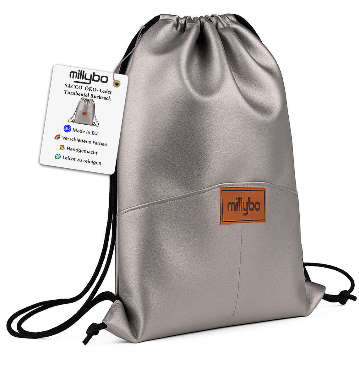 MILLYBO SACCO ECO Turnbeutel aus Kunstleder – Eleganter Beutelrucksack Silber