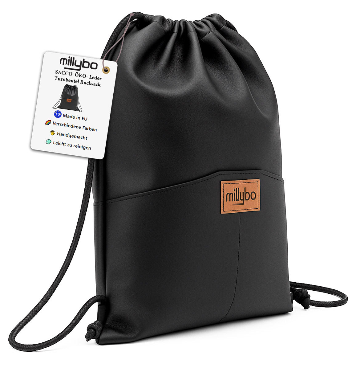 MILLYBO SACCO ECO Turnbeutel aus Kunstleder – Eleganter Beutelrucksack Schwarz
