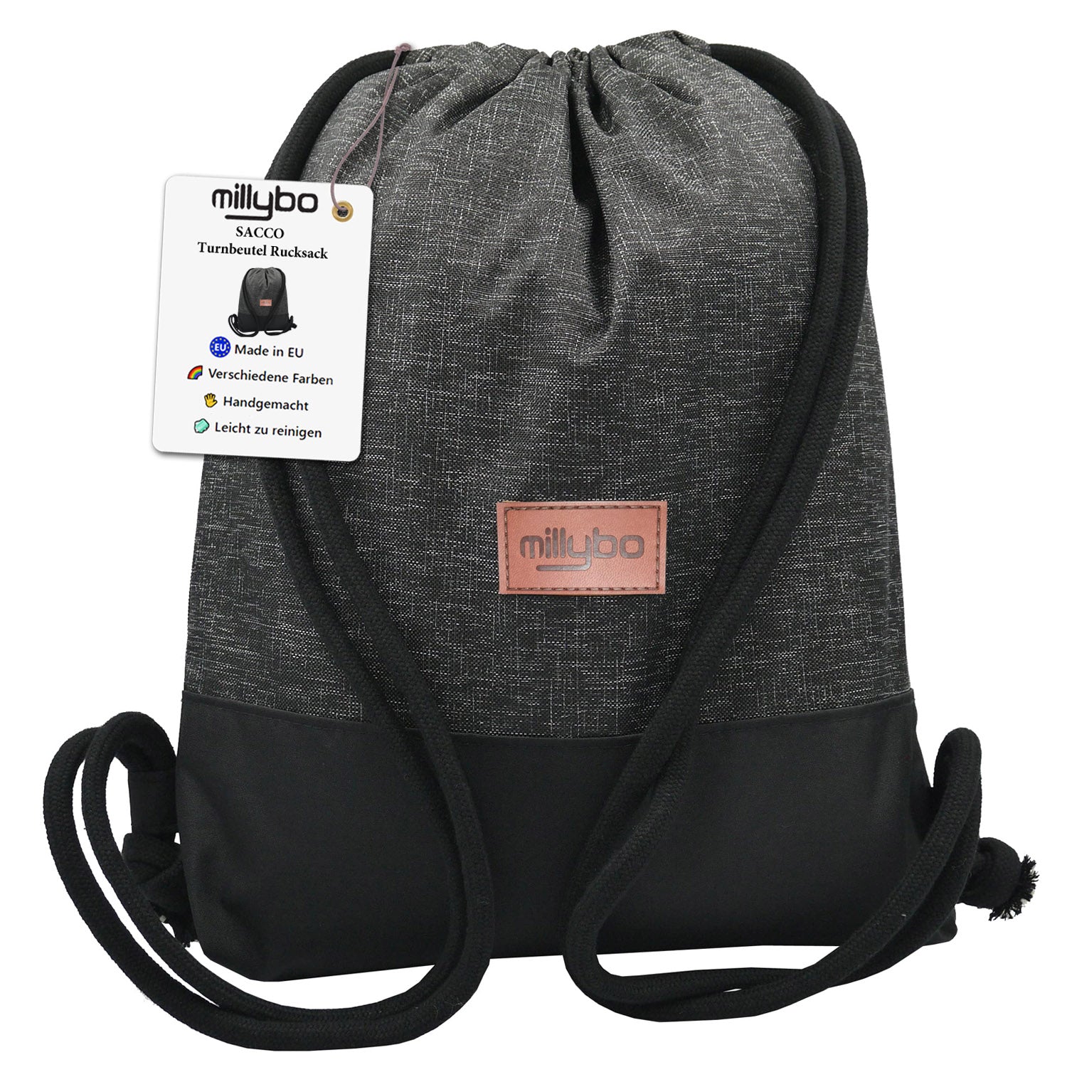 MILLYBO SACCO Beutelrucksack in Leinenoptik – Turnbeutel aus Polyester Schwarz