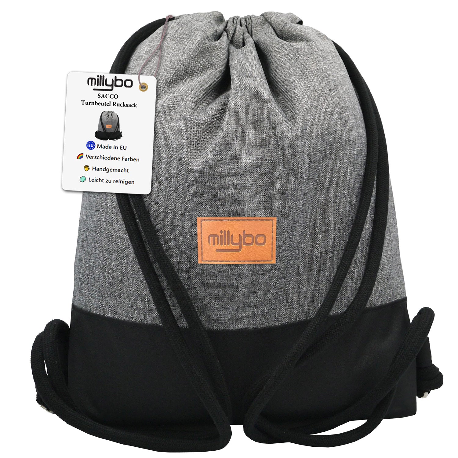 MILLYBO SACCO Beutelrucksack in Leinenoptik – Turnbeutel aus Polyester Grau
