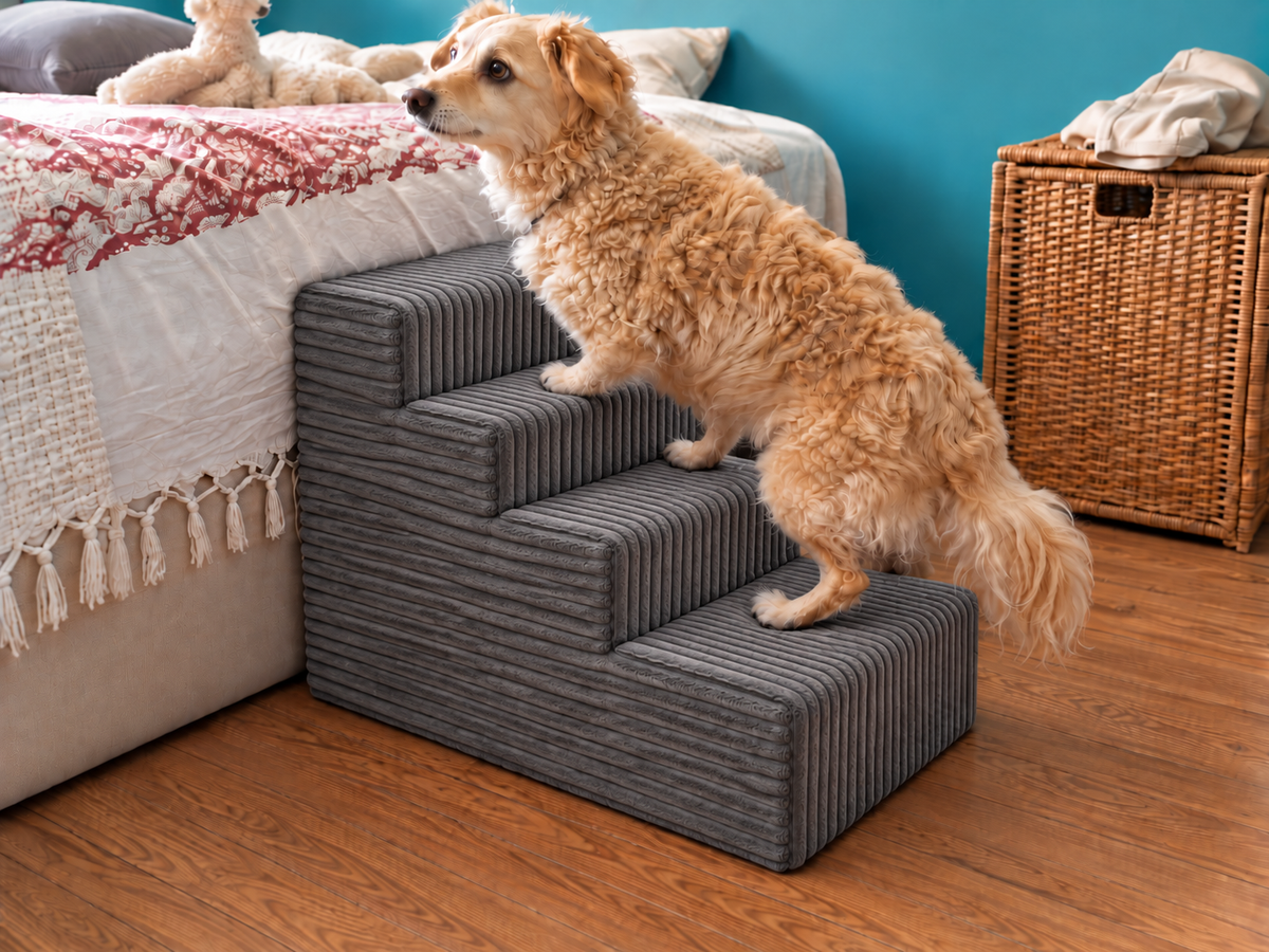 MILLYBO Hundetreppe aus Cord – Haustiertreppe für Hunde & Katzen, 4-stufig, abnehmbarer Bezug: Grau