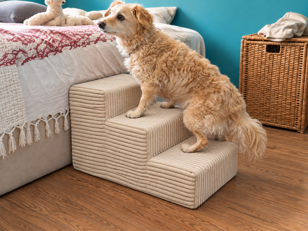 MILLYBO Hundetreppe aus Cord – Haustiertreppe für Hunde & Katzen, 3-stufig, abnehmbarer Bezug: Beige