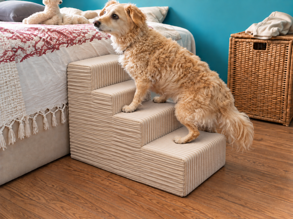 MILLYBO Hundetreppe aus Cord – Haustiertreppe für Hunde & Katzen, 4-stufig, abnehmbarer Bezug: Beige