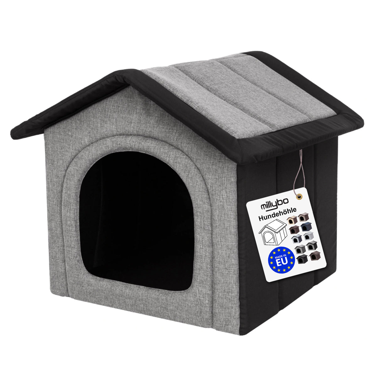 MILLYBO Textiles Hundehaus – Weiche Hundehöhle für maximalen Komfort  -  Grau/Schwarz