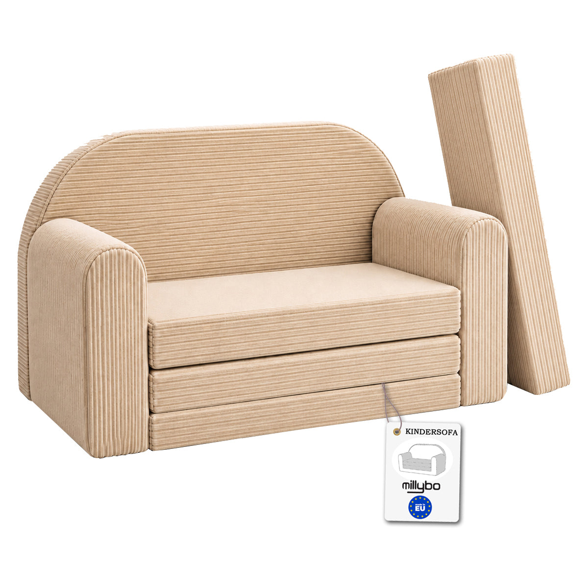MILLYBO Kindersofa 3in1 aus Cord – Spielsofa, Kindercouch & Schlafsofa Beige