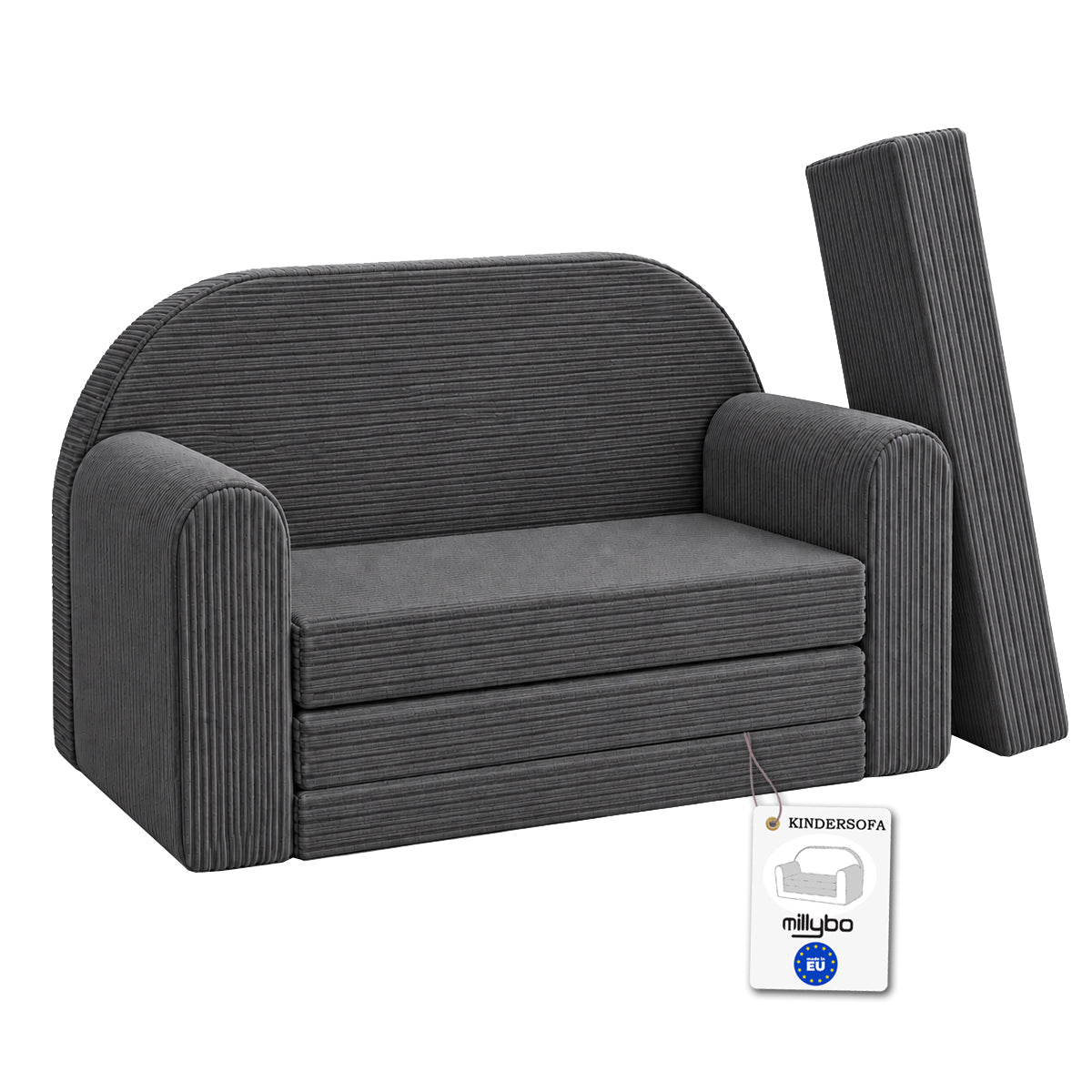 MILLYBO Kindersofa 3in1 aus Cord – Spielsofa, Kindercouch & Schlafsofa Grau