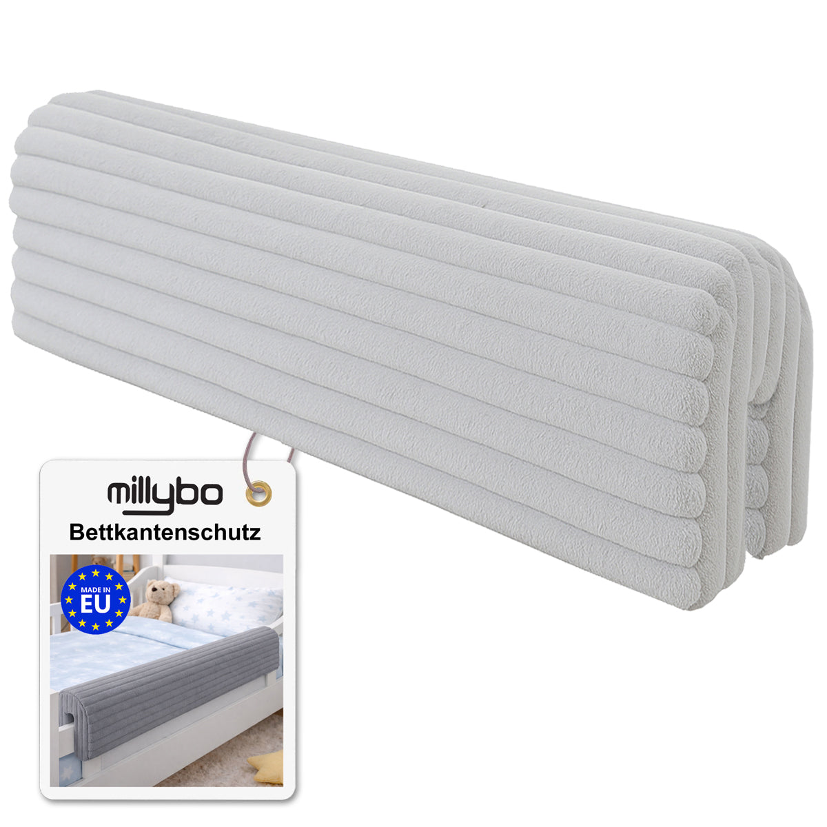 MILLYBO Bettkantenschutz für Betten -  Kissen für bettumrandung – Hellgrau Cord