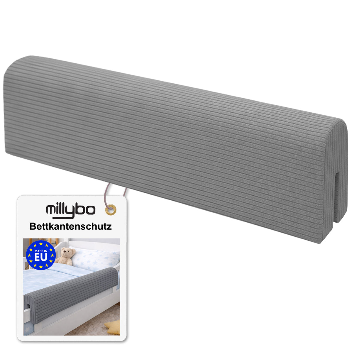 MILLYBO Bettkantenschutz für Betten -  Kissen für bettumrandung – Grau Cord
