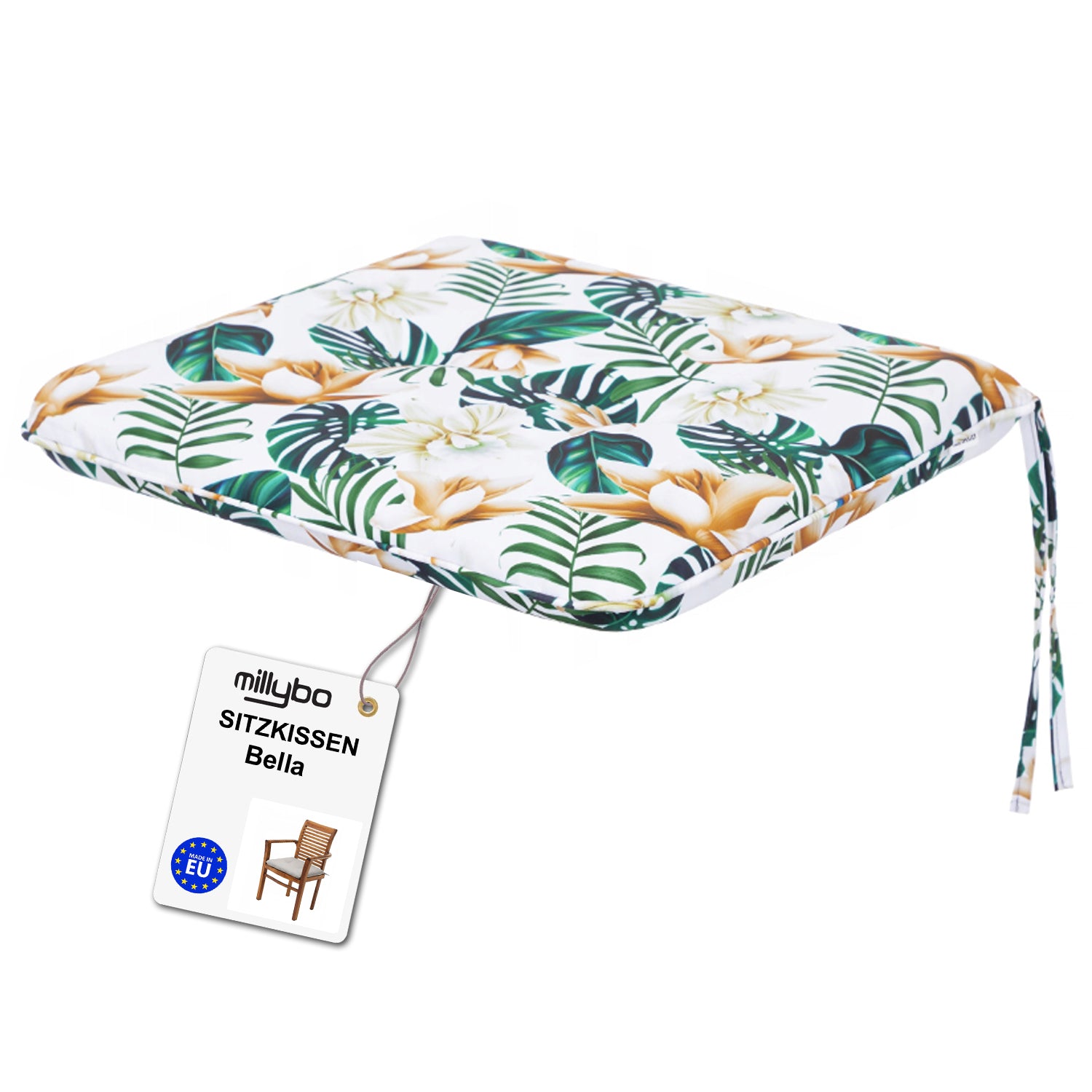 MILLYBO Gartenstuhlauflage – Sitzkissen für Gartenstühle & Balkonmöbel BELLA - Weiße Blumen
