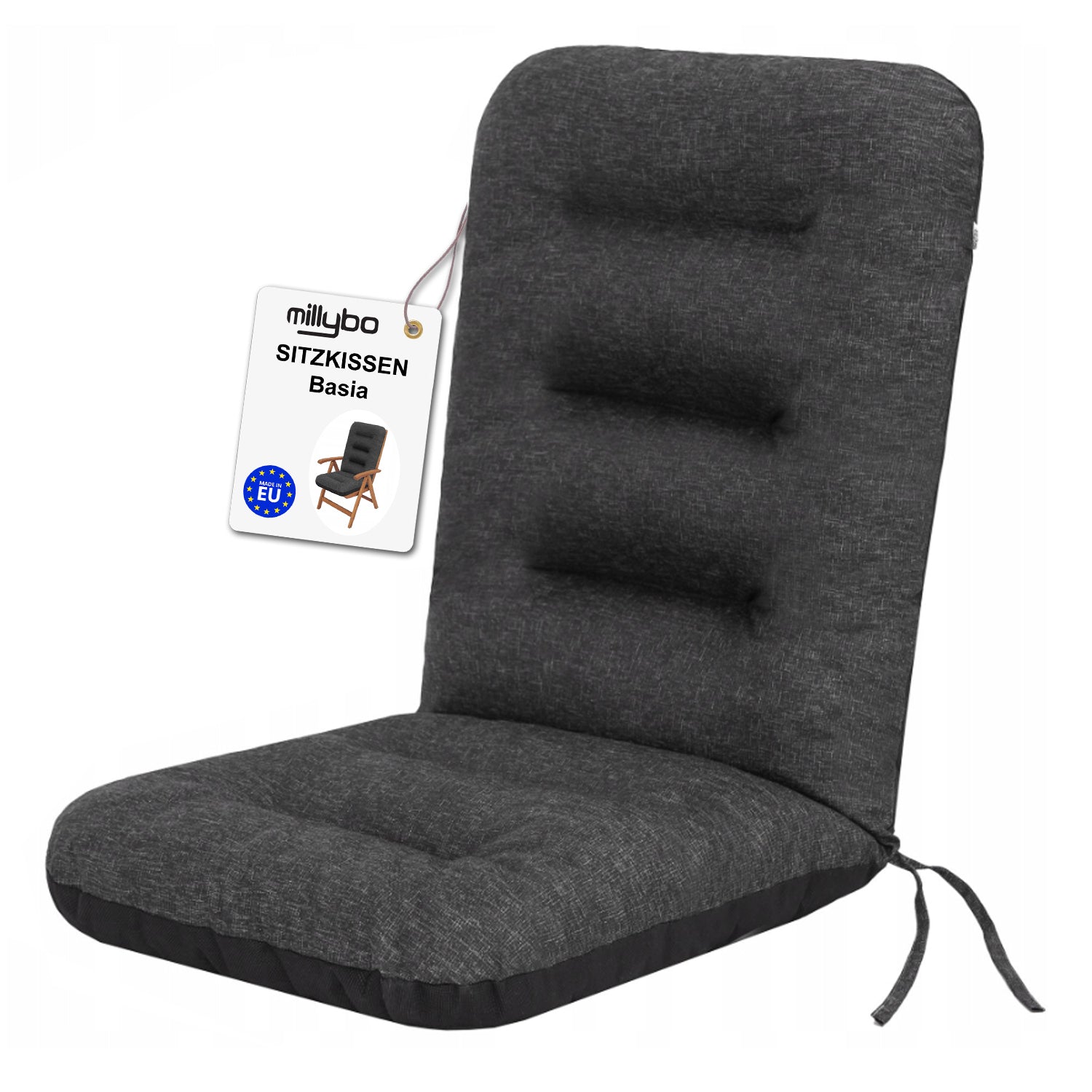 MILLYBO Gartenstuhlauflage – Sitzkissen für Gartenstühle & Balkonmöbel BASIA aus Ökoleine - Schwarz