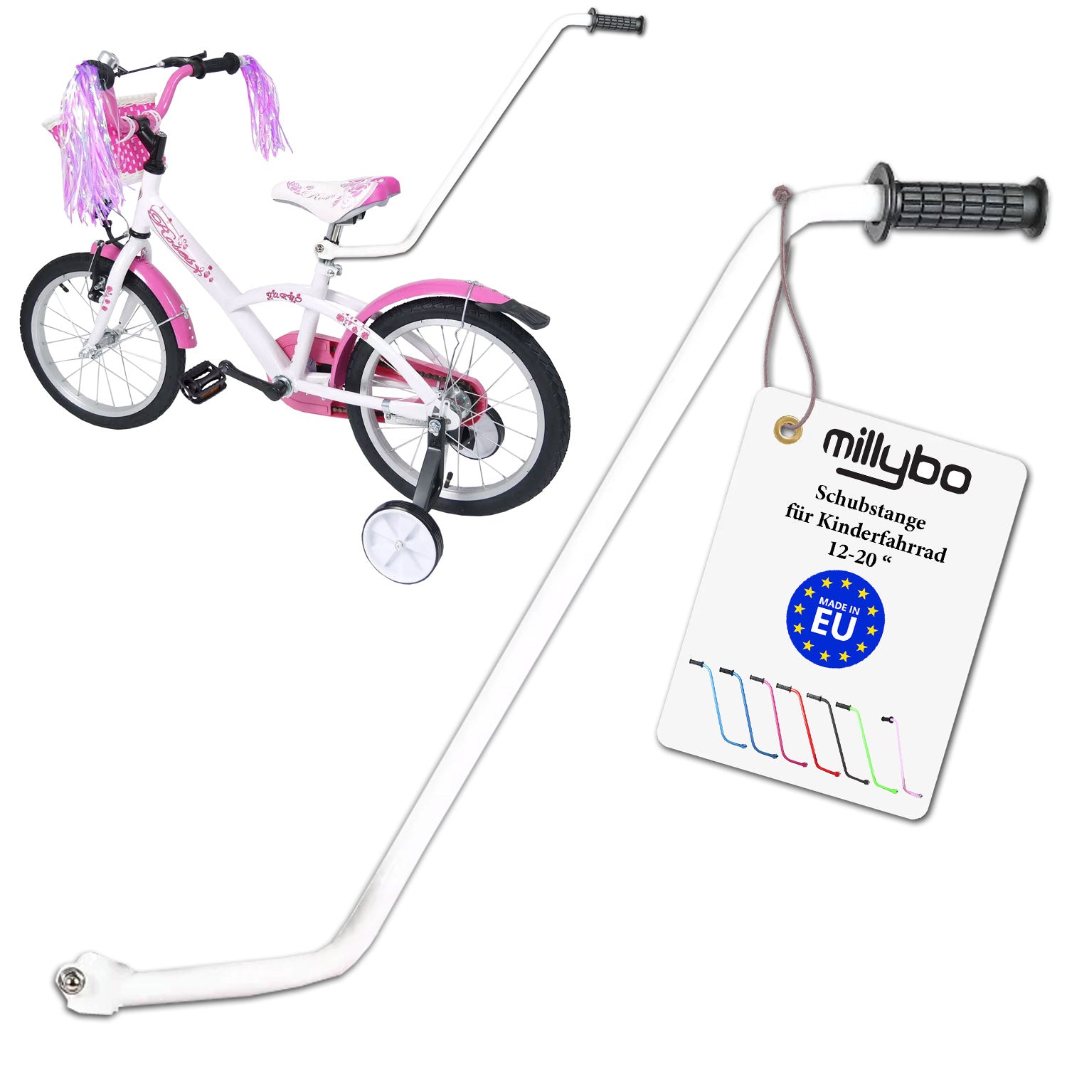 MILLYBO Universelle Schubstange für Kinderfahrrad 12–20" – Mehr Kontrolle & Sicherheit für Eltern: Weiß