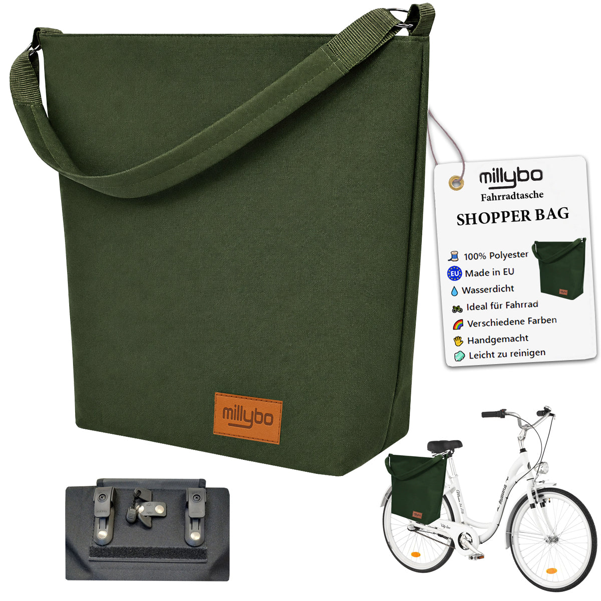 MILLYBO SHOPPER BAG Stylische Fahrradtasche für Gepäckträger 18L - Dunkelgrün